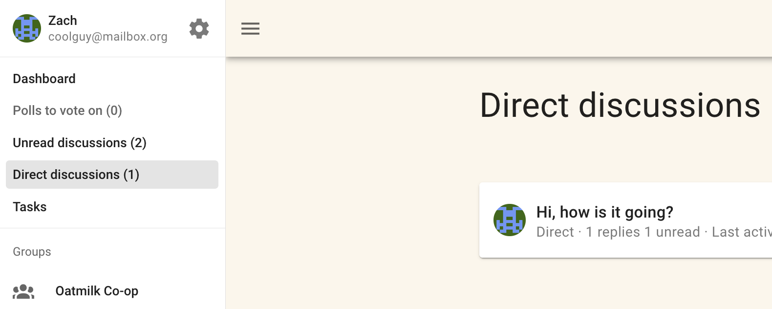 Screenshot of sidebar in loomio group, showing navigation links. The "Direct Discussions" link is highlighted in this list.  It says "Direct discussions " followed by "(1)" , indicating this user has 1 direct discussion.