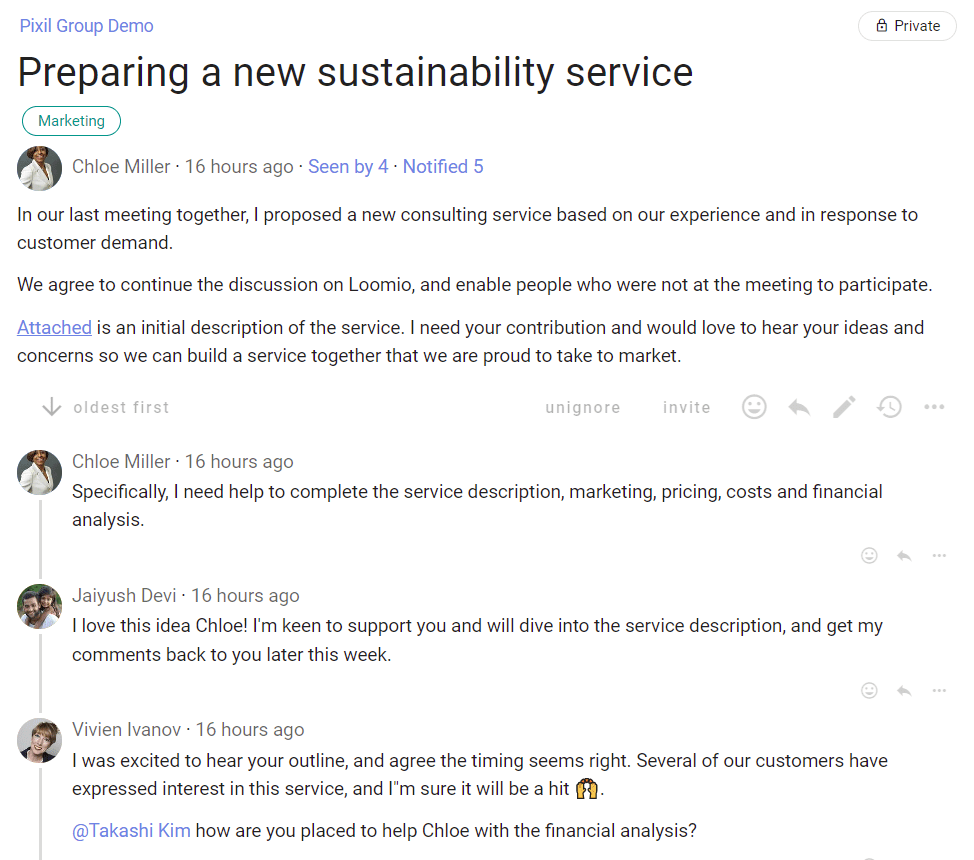 screenshot of a discussion thread, with the title "Preparing a new sustainability service". The top text shows the author, Chloe Miller, the time she wrote it, and the tag given to it (marketing). Beneath her opening message is a list of replies from her, Jaiyush, and vivian. The replies are sorted oldest first and there are icons next to each message allowing one to react or reply to that message.