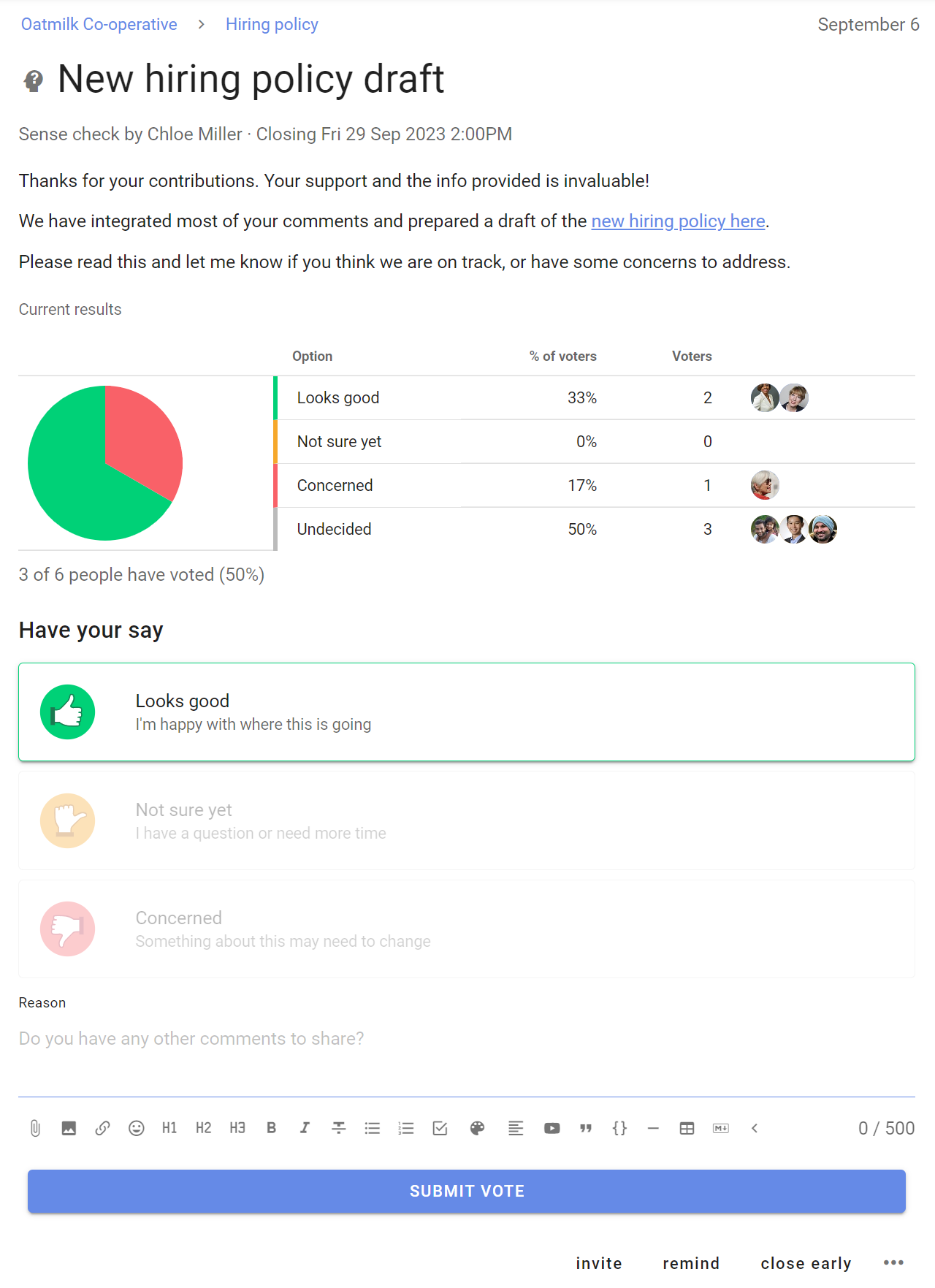 Screenshot of discussion titled "New Hiring policy draft". The opening message thanks members for their inputs and provides a link to the updated policy document.  The author asks to please read the updated policy and let them know "if you think we are on track or have some concerns to address".  Beneath this is a poll with several voting options: "Looks good", "Not sure yet", and "Concerned". A pie chart shows the current outcome of the poll, with 2 people voting "looks good", 1 person voting "concerned", and 3 still undecided.