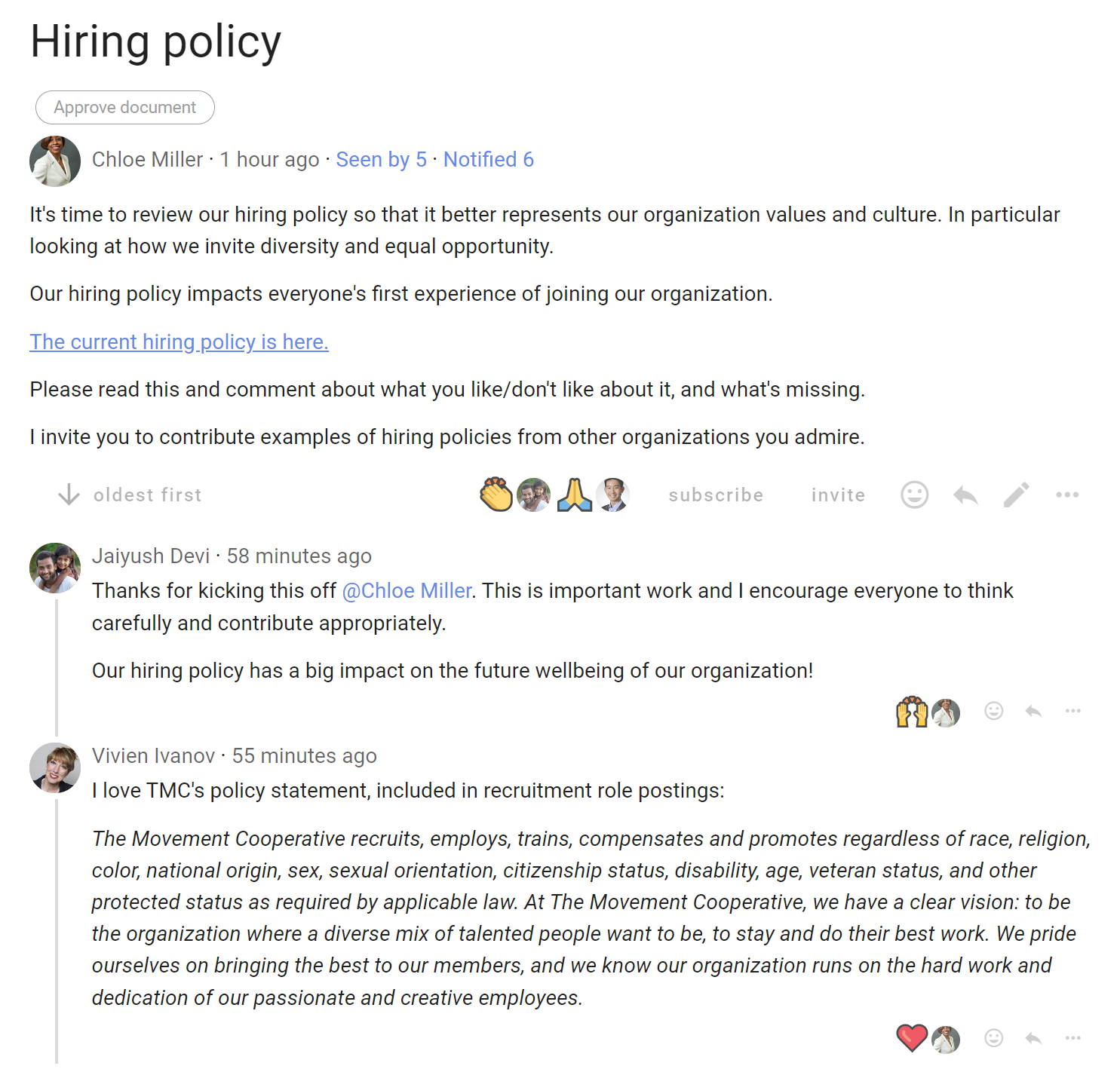 Screenshot of discussion titled "Hiring policy". The opening message includes a link to the current hiring policy and some further context.  The comments beneath are discussing the importance of this policy and a quote from another org's hiring policy.