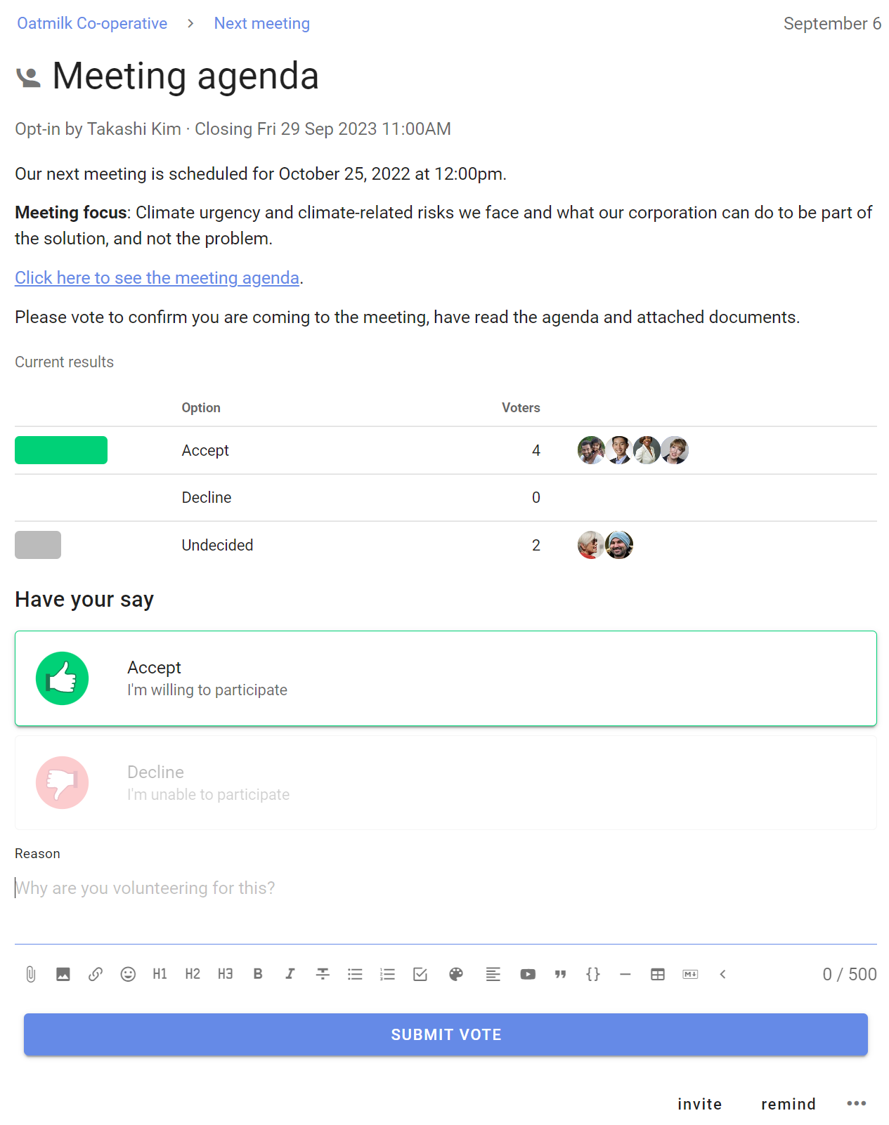 Screenshot of a discussion titled "Meeting Agenda". The opening message is richly formatted, with "Meeting focus" in bolded text and a blue link to the meeting agenda.  There is a poll beneath this asking members to confirm they are going to the meeting and have read the agenda.  The poll shows 4 members have said yes, and 2 are undecided.
