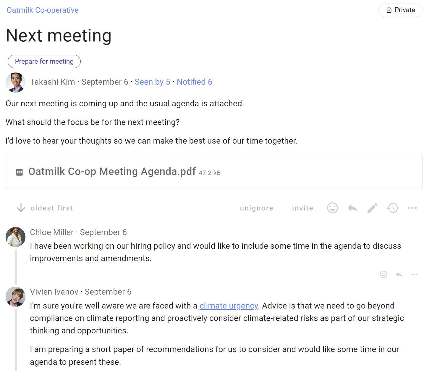 Screenshot of a thread with the title "Next Meeting". It has a tag "Prepare for meeting" and along iwth a message giving context for the meeting there is an attached file: "Oatmilk Co-op Meeting Agenda.pdf". Beneath this opening message are comments from other members asking for items to be added to the agenda or amended.