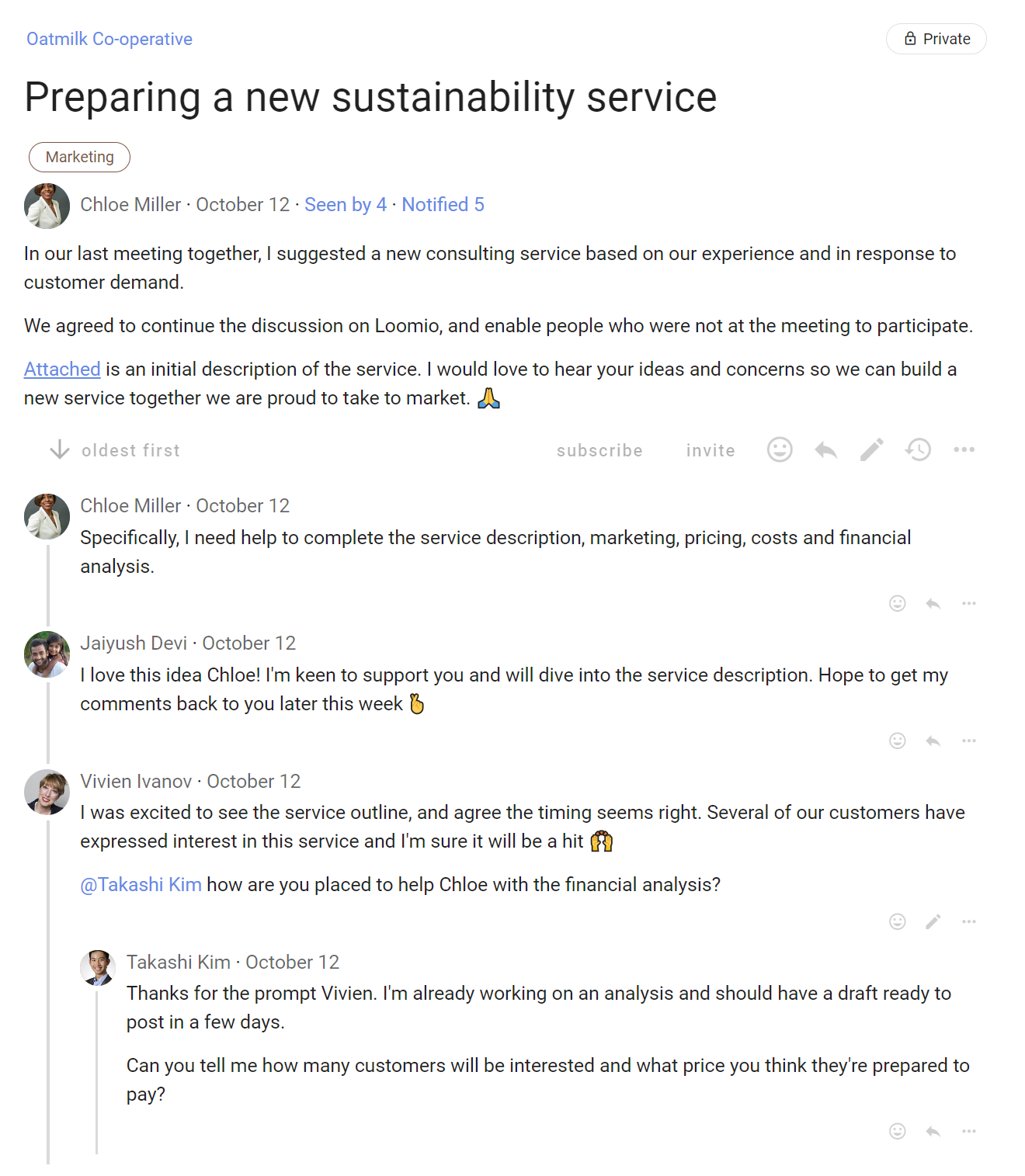 Screenshot of a discussion titled "Preparing a new sustainability service" with the tag "marketing".  In the opening message the author asks for support with this initiative and includes a link to an initial description of the service.  There is a comment thread beneath where they give further context and other members begin discussing how to help.