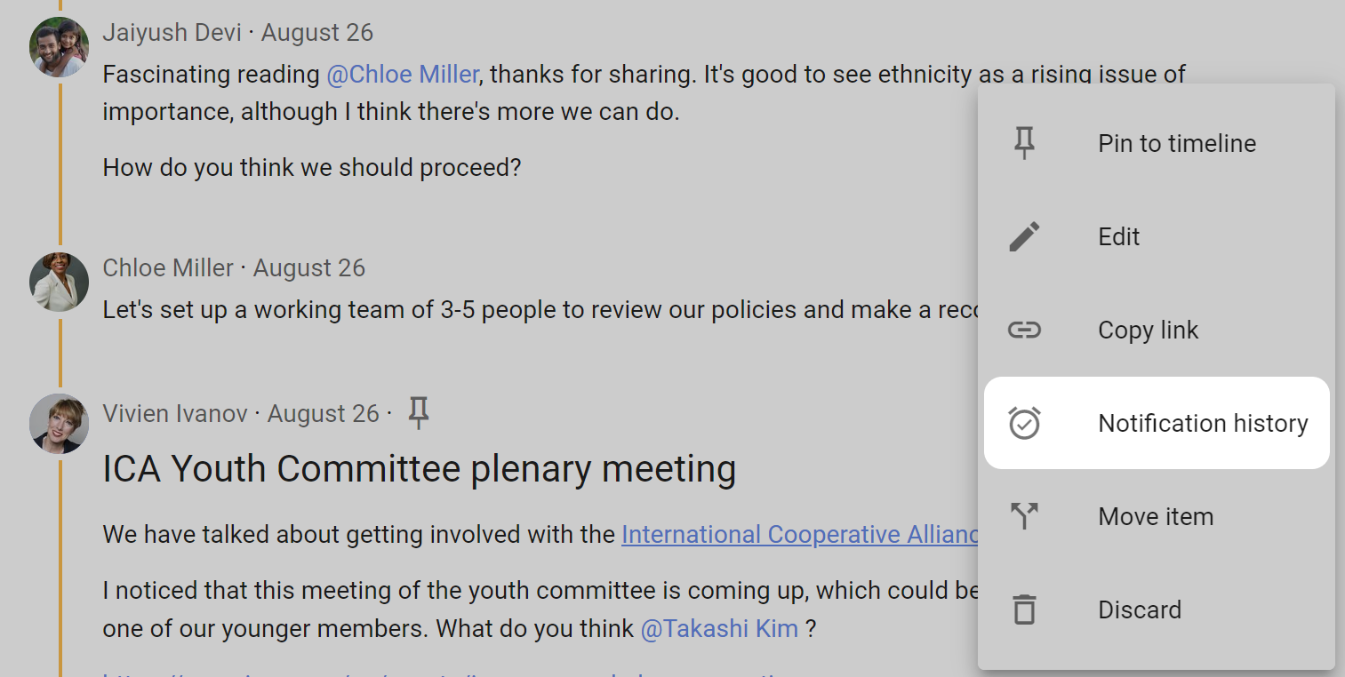 A screenshot of a comment, with the "..." icon clicked. The majority of screenshot is grayed out so that the "..." menu items are highlighted, specifically the item "Notification History"