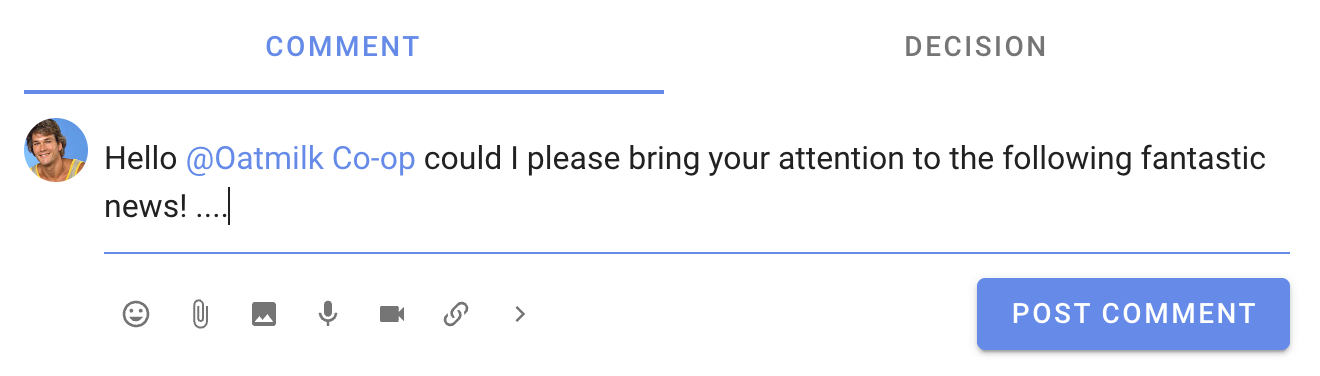 Screenshot of the same message, now with @Oatmilk Co-op added, the name a blue clickable link.