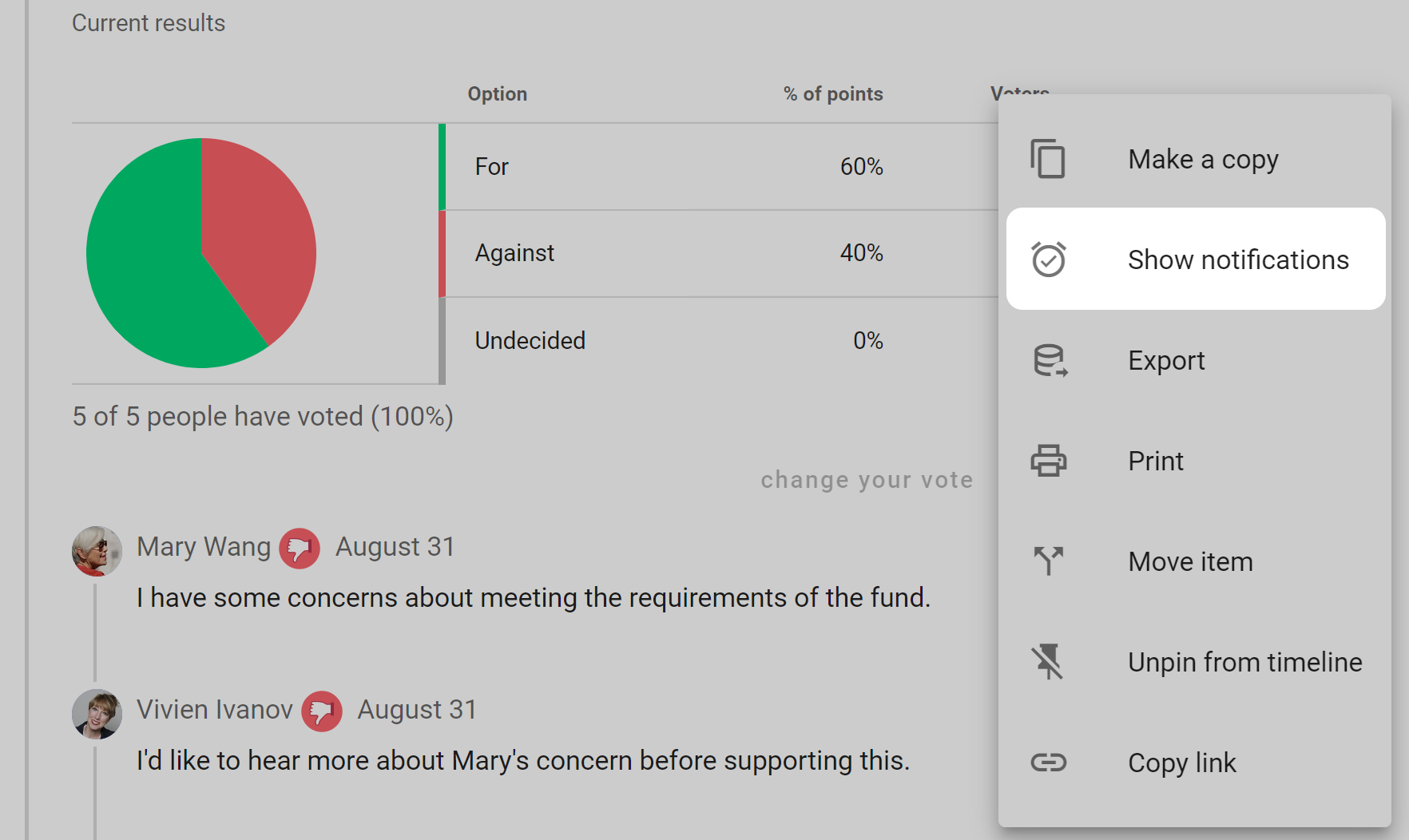 Screenshot of a poll in a discussion thread, with the "..." menu open. Majority of screen is grayed out so the "show notifications" item on the menu is highlighted.