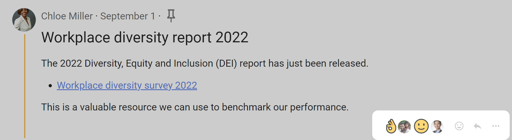 Screenshot of a comment in a discussion. The majoriy of the screenshot is grayed out, so that the reaction icons are highlighted in the bottom right of the comment. 