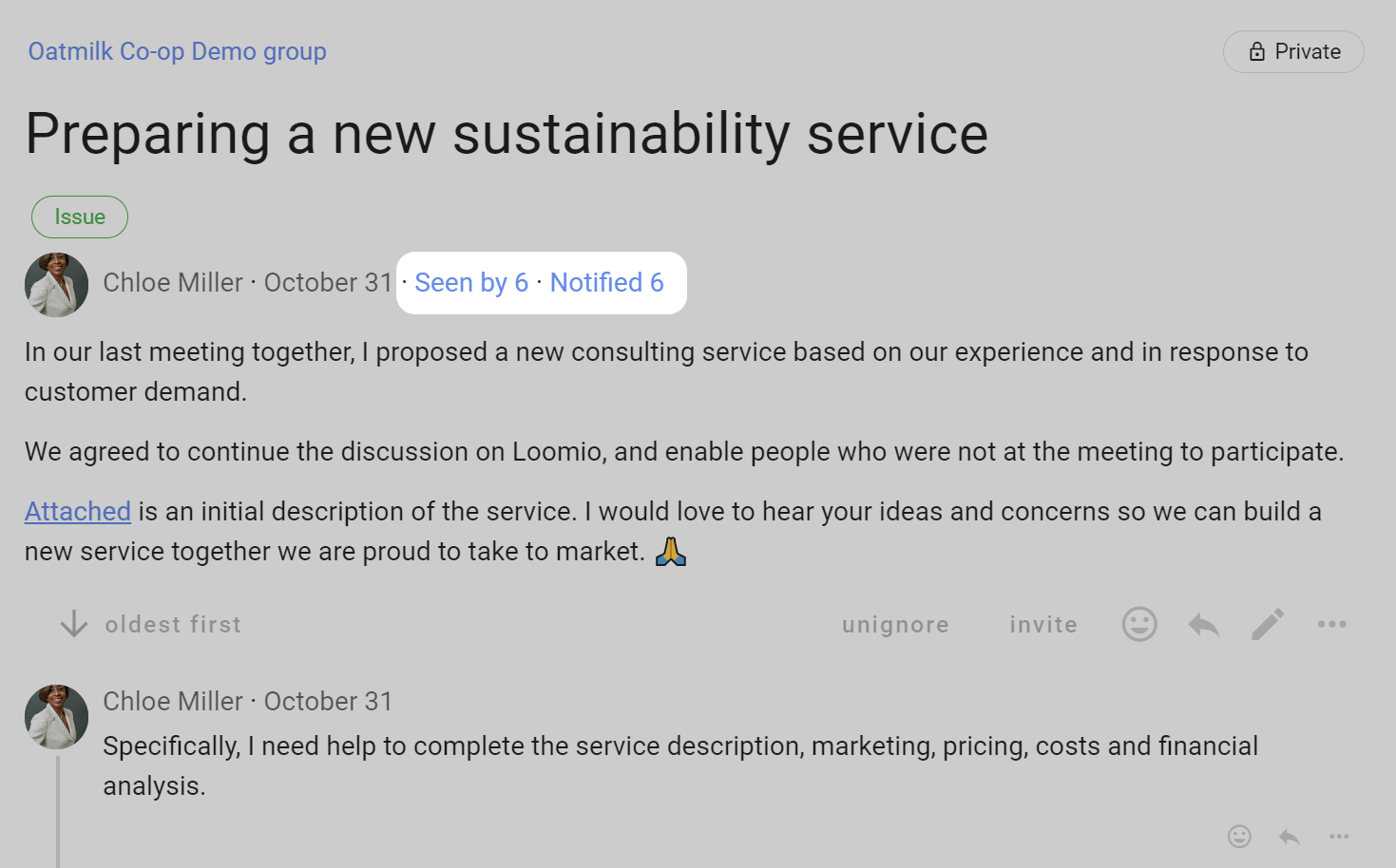 Screenshot of a thread, with majority of screen grayed out so that the the "seen by" and "notified" numbers are highlighted.  Both of these are blue links next to the thread author. They show the thread was seen by 6 and notified 6.