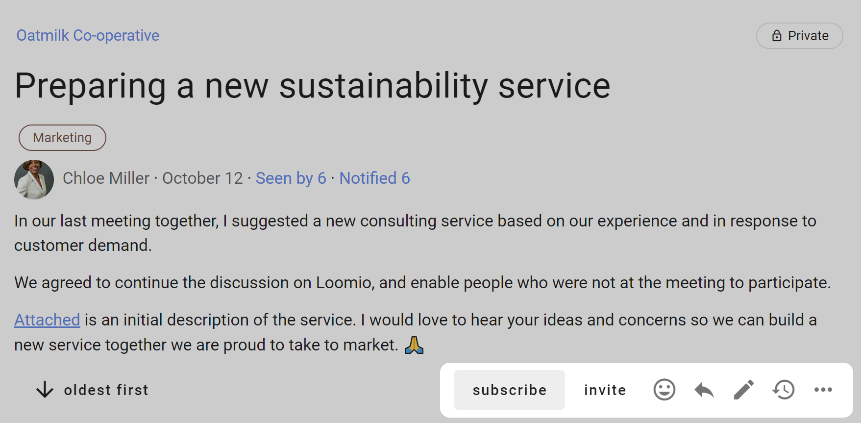 Screenshot of the opening message of a discussion thread. The majority of the screen is grayed out, highlighting the row of action links in the bottom right of the discussion, specifically the "subscribe" link, which has a gray background indicating a mouse is hovering over it.