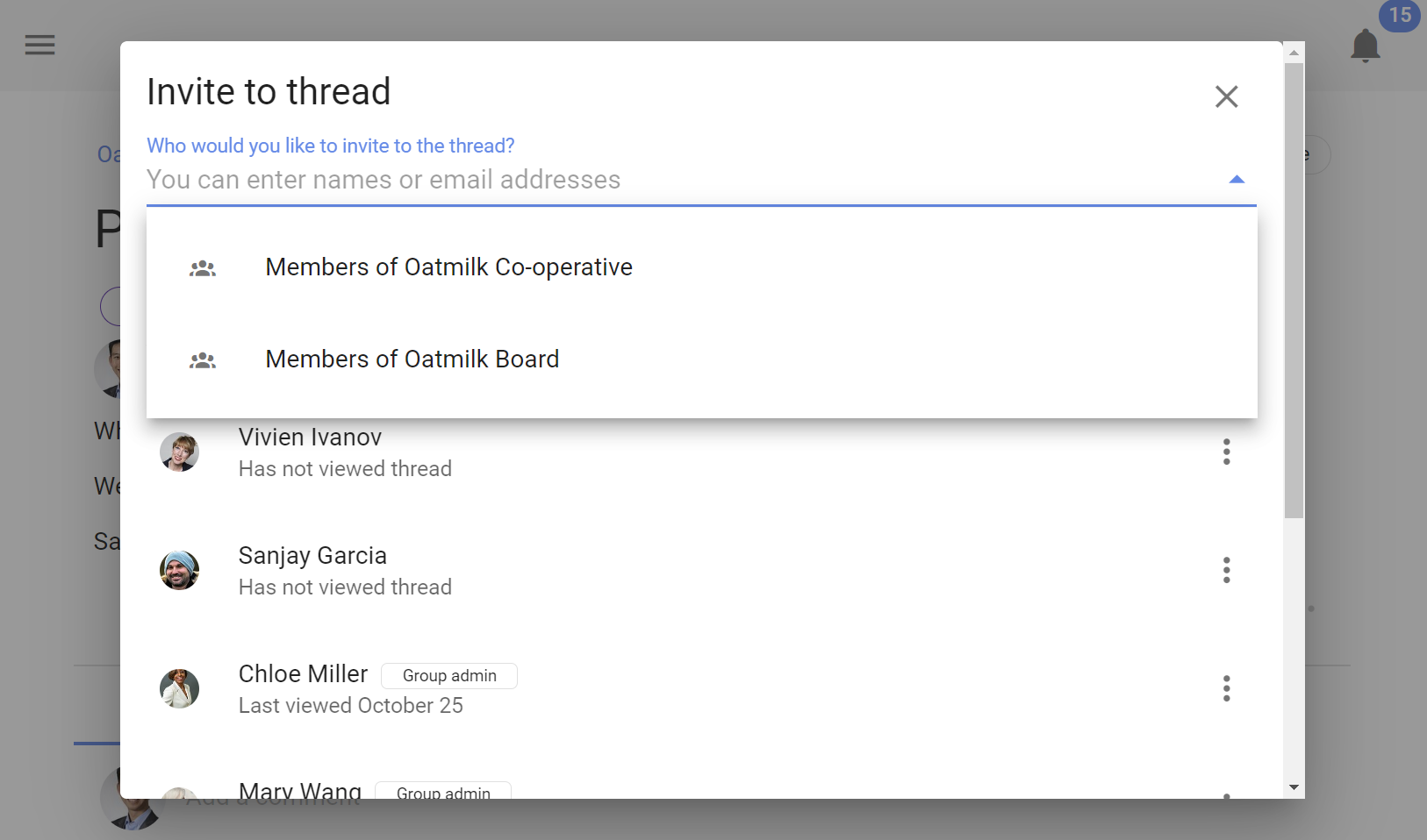 Screenshot of the "Invite to thread" window. A field shows that you can add names or email addresses, along side a dropdown offering the ability to invite "Members of OatMilk Co-op" or "Members of OatMilk Co-op board" 
