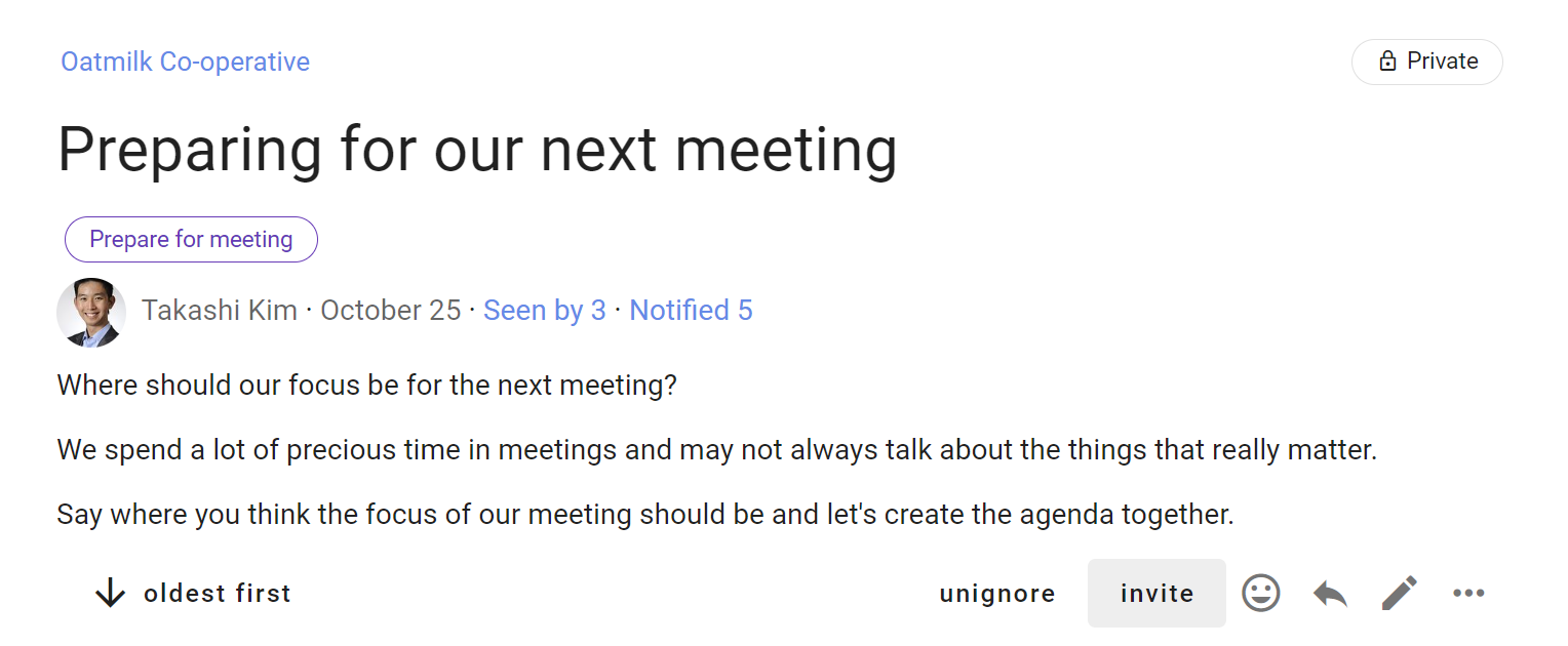 Screenshot of a discussion, with it's opening context message. In the bottom right is an invite button.