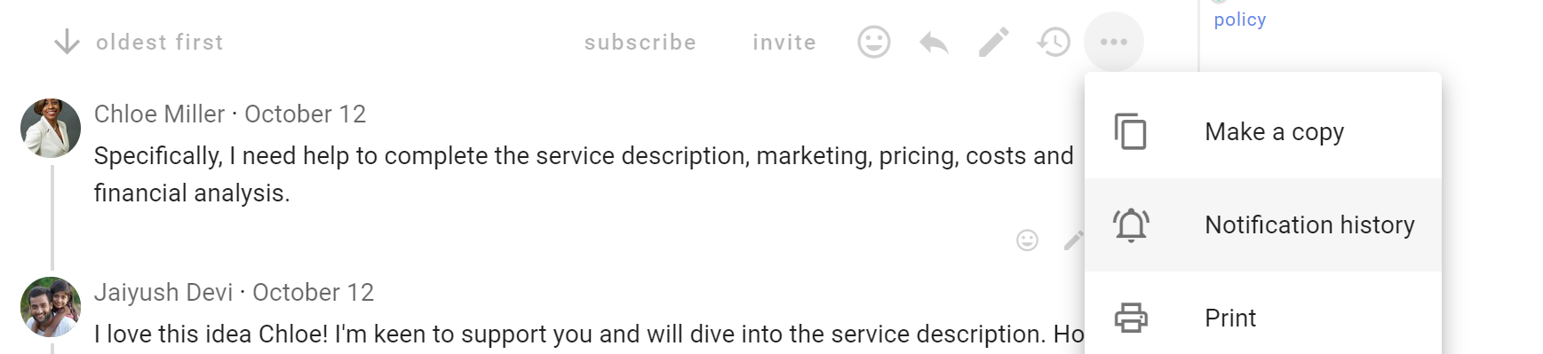 Screenshot showing the beginning comments of the thread.  At the top is a set of icons, with the "..." icon clicked. A dropdown appears beneath the mouse cursor clicking the "..." and the dropdown has the options "Make a Copy", "Notification History", and "Print".