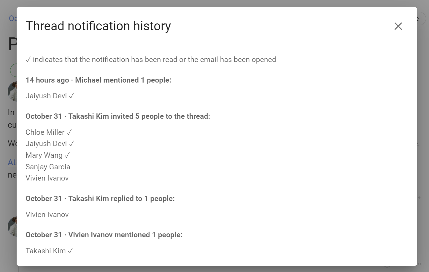 Screenshot of the notified window.  It has the heading "Thread notification history" followed by the helper text "✓ indicates the notification has been seen or email opened". The text beneath is grouped into three sections, each section heading is a bolded description of an event in which people were notified, and beneath this is a list of people that were notified. The first heading, in bold, is "14 hours ago - Michael Mentioned 1 people:" and beneath this the name "Jaiyush Devi".  The second group is "October 31 - Takashi Kim invited 5 people to the thread" followed by a list of names.  Some of the names have "✓" next to them, and some do not.