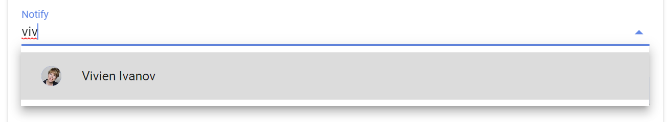 Screenshot of a name being typed out. "viv" is typed and a dropdown appears showing the member "Vivien Ovanov"