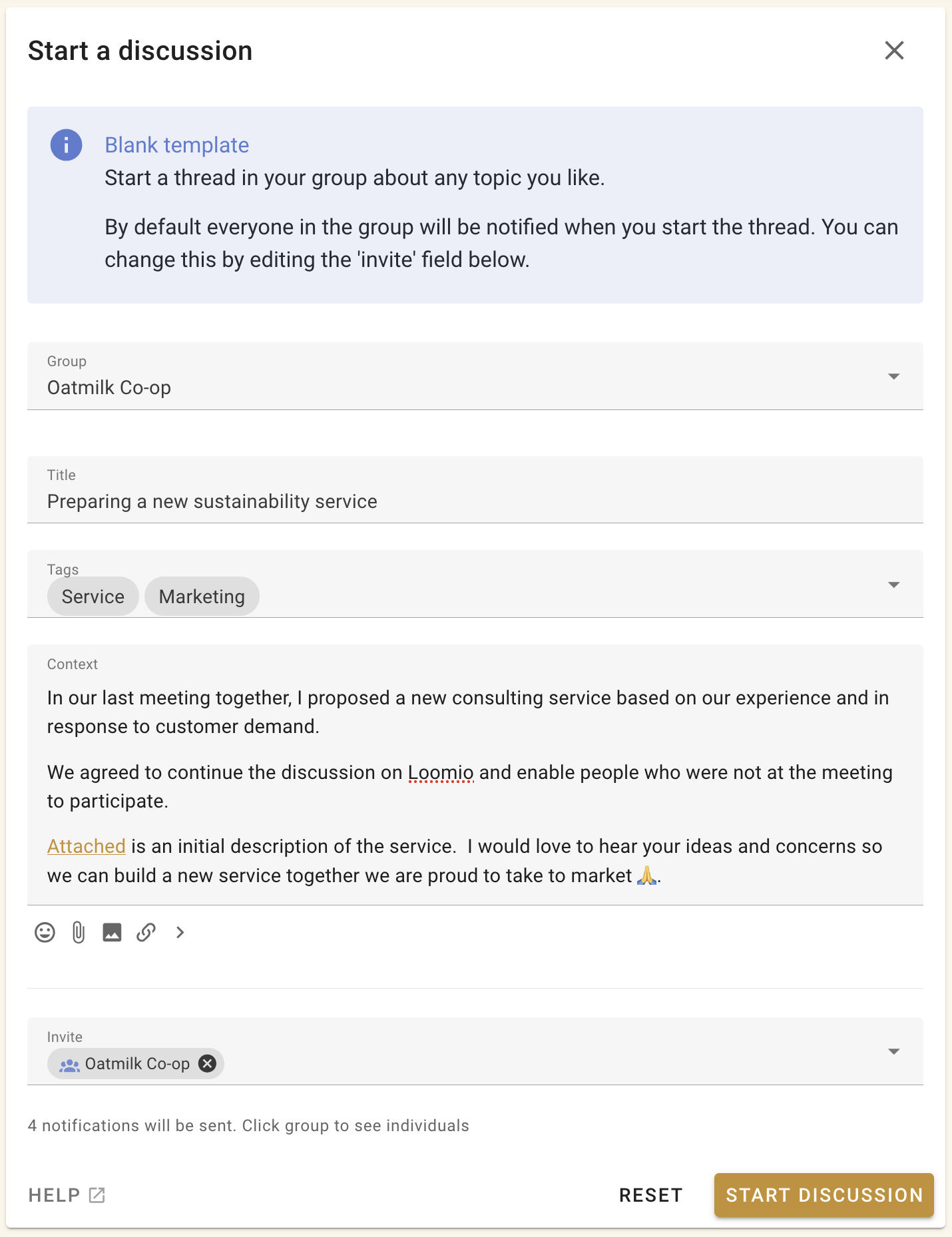 A screenshot of a new discussion form, showing fields for title, tags, context, and group.  The title is "Preparing a new sustainability service" with the context a longer description of the service. It is tagged with sustainability and marketing.