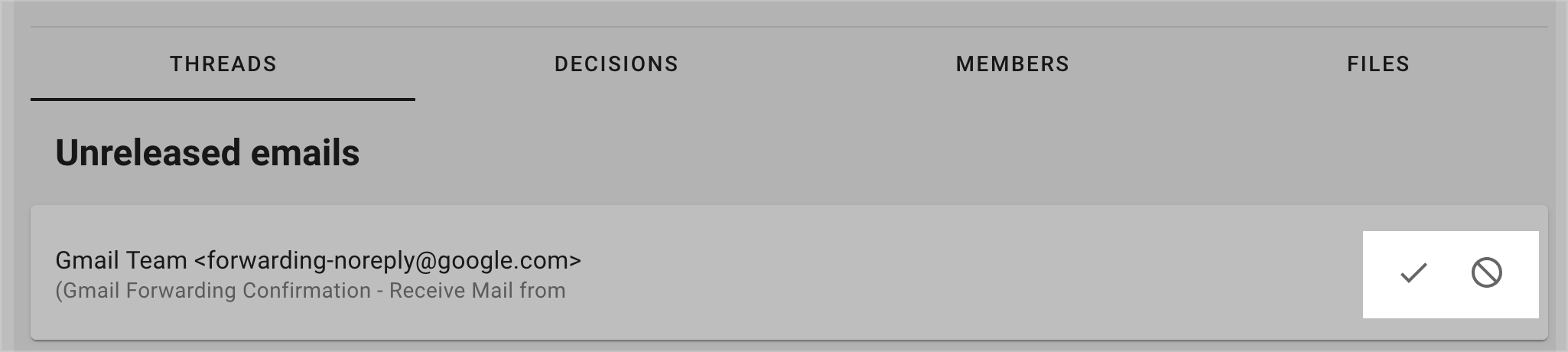 Location of the approve and reject buttons for an unrecognised email