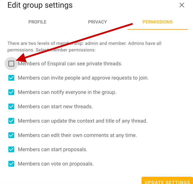 arrow pointing to the option for "Members of [Group name] can see private threads"