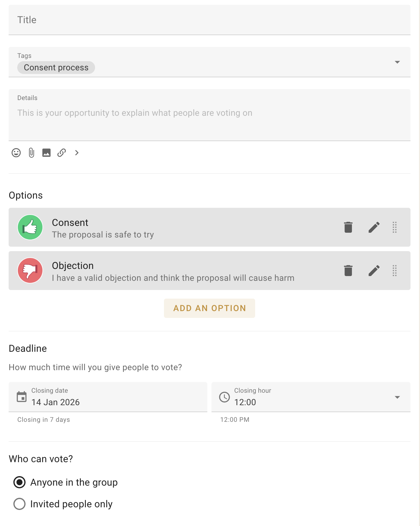 Screenshot of the proposal options, with text fields for title and description, an option to set the type of votes to cast, a calendar input for setting a deadline, and radio options for limiting who can vote