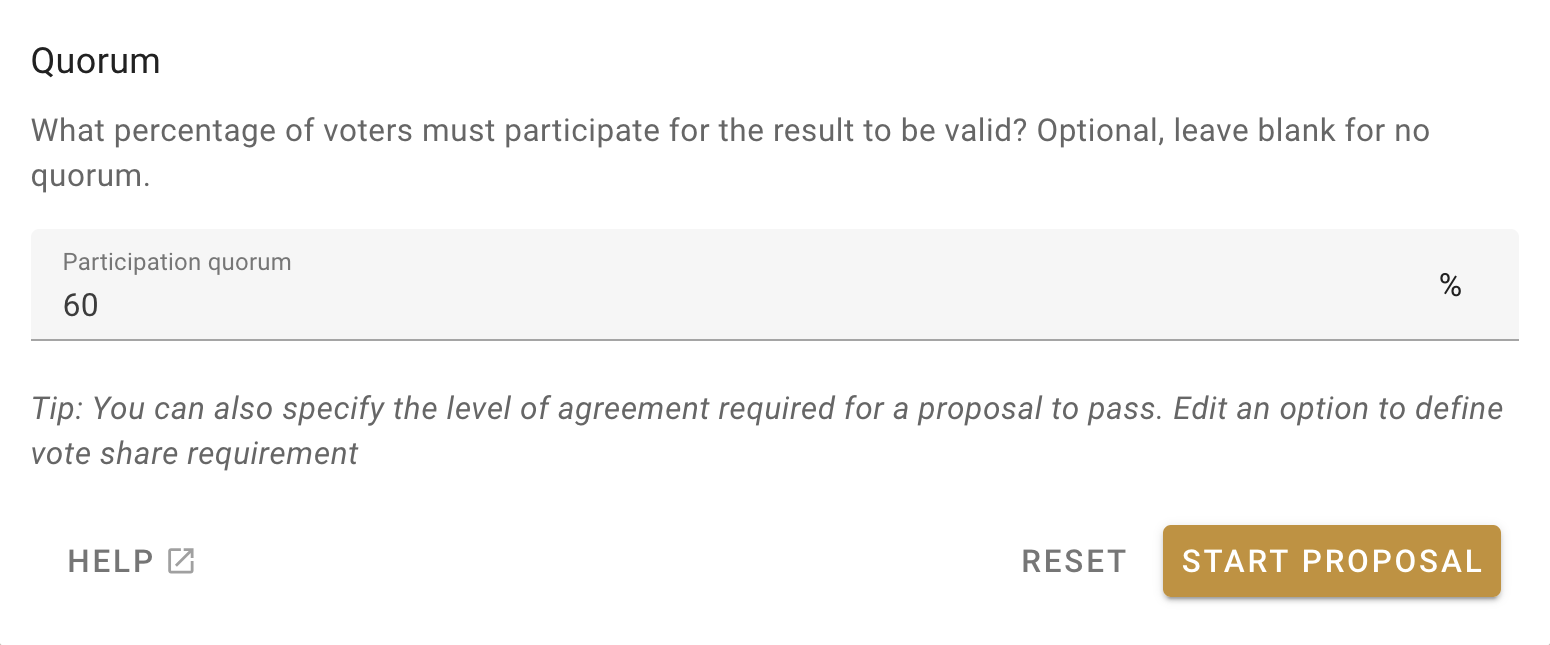 Screenshot showing the bottom of a proposal's customisation window, with "Quorum" as a heading above an input box, and a percentage sign at the end of the input box.  "60" is entered into the input box.  In the bottom right is an orange "start proposal" button.