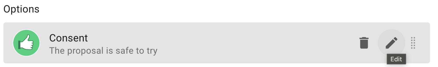 Screenshot of a consenting vote option. In the right is a circular pencil icon lightly highlighted with "edit" showing in the tooltip