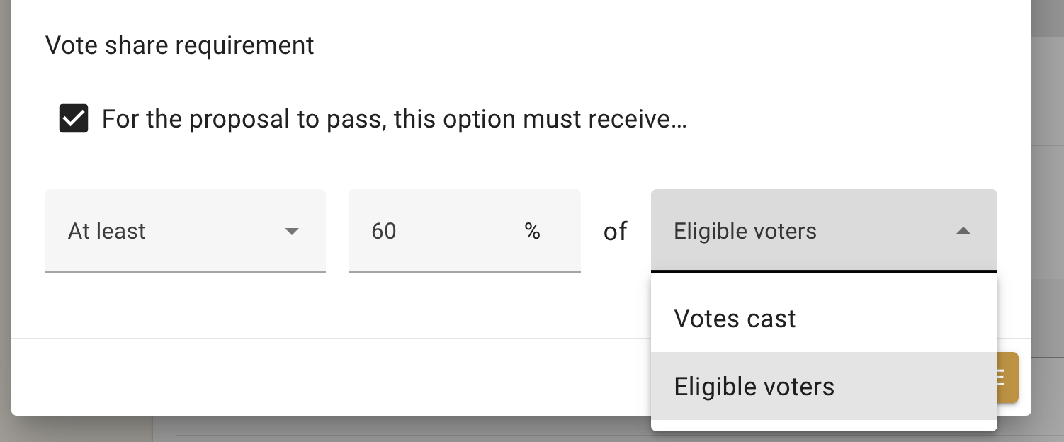 Screenshot of the options edit screen. The vote share requirement checkbox is checked, with the input fields below it to state "For the proposal to pass, this option must receive at least 60% of eligible voters". The voters dropdown is currently selected, so you can see the options of eligible voters or cast votes